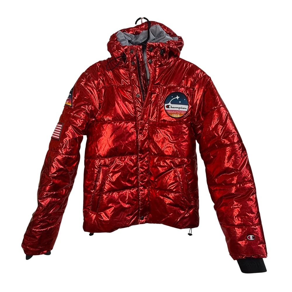 Champion Mens Metallic Red Puffer Jacket NASA Style Patches Hooded Small